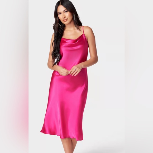 bebe Dresses & Skirts - BEBE SATIN COWL NECK SLIP MIDI DRESS IN FUSCHIA